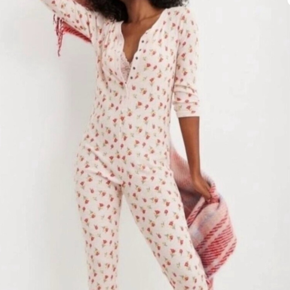 Aerie Pink Floral waffle Knit Snap Front One Piece Lounger Pajamas